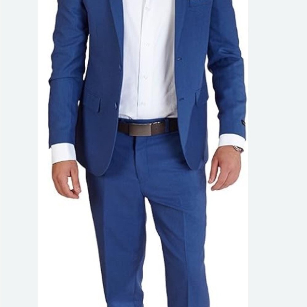 Azar Man Slim Fit Suit 40L Indigo Blue Textured 2 Piece Jacket Trousers 1706-6